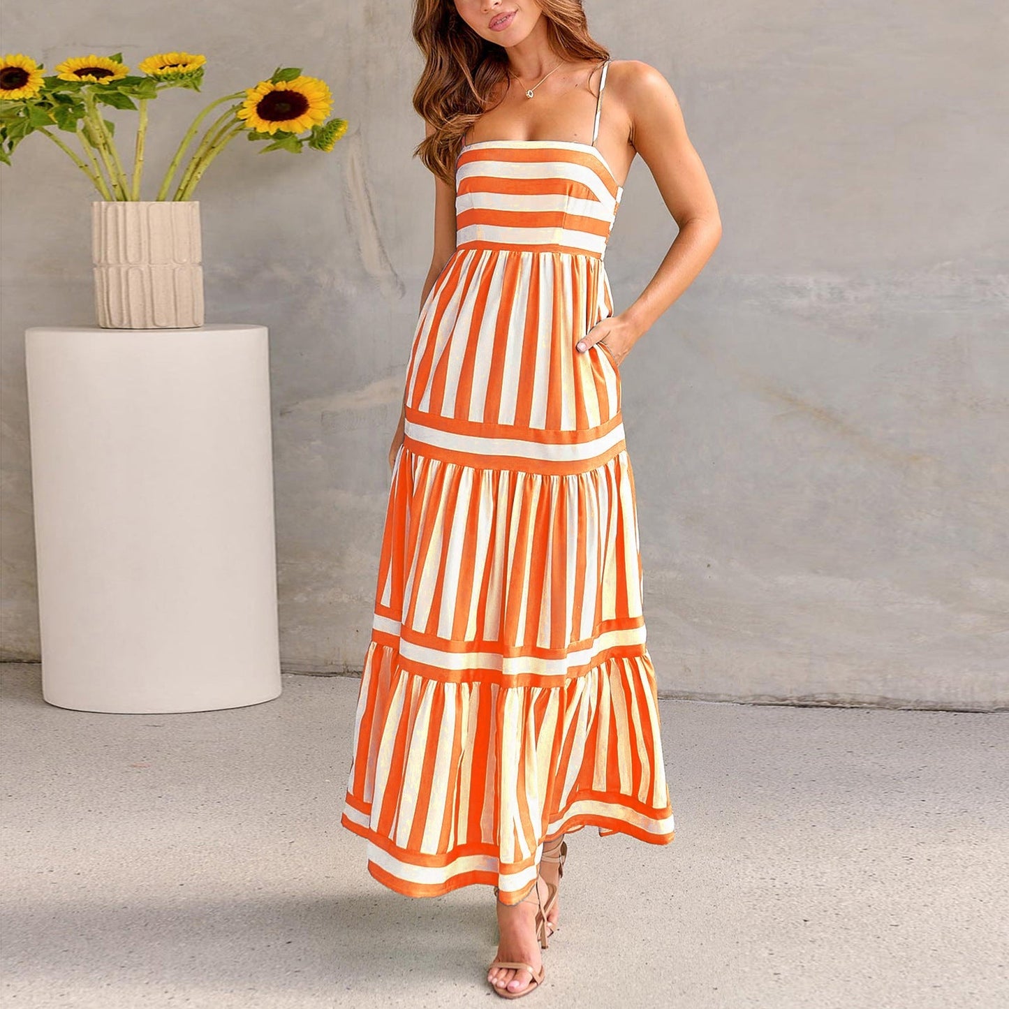 Women's Striped Summer Maxi Dress – Sleeveless Suspender Style with Pockets LE Fragrance