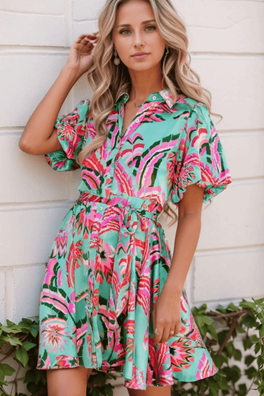 Abstract Print Lace Up High Waist Buttoned Mini Dress Trendsi