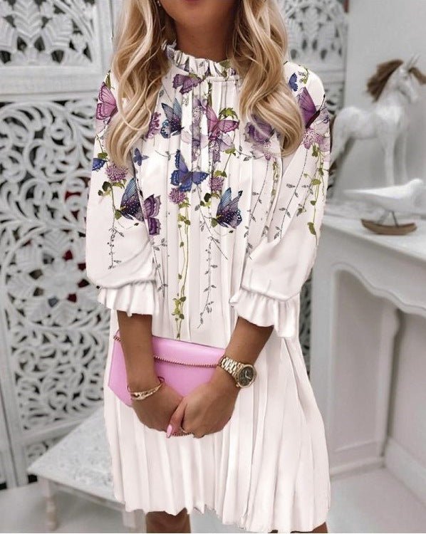 Floral Print Pleated Midi Dress Lantern Sleeve, 3/4 Sleeve LE Fragrance