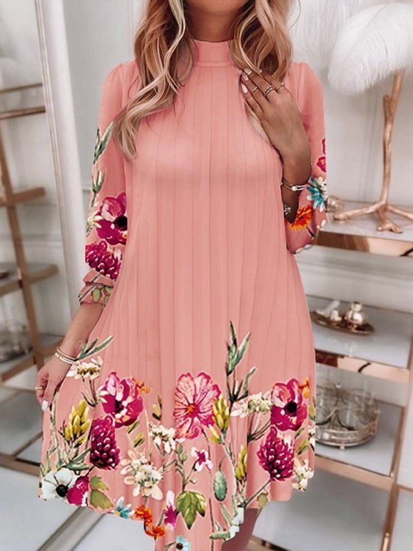 Floral Print Pleated Midi Dress Lantern Sleeve, 3/4 Sleeve LE Fragrance