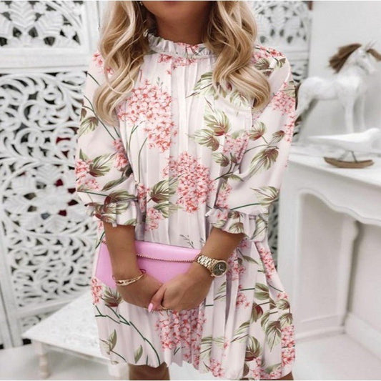 Floral Print Pleated Midi Dress Lantern Sleeve, 3/4 Sleeve LE Fragrance