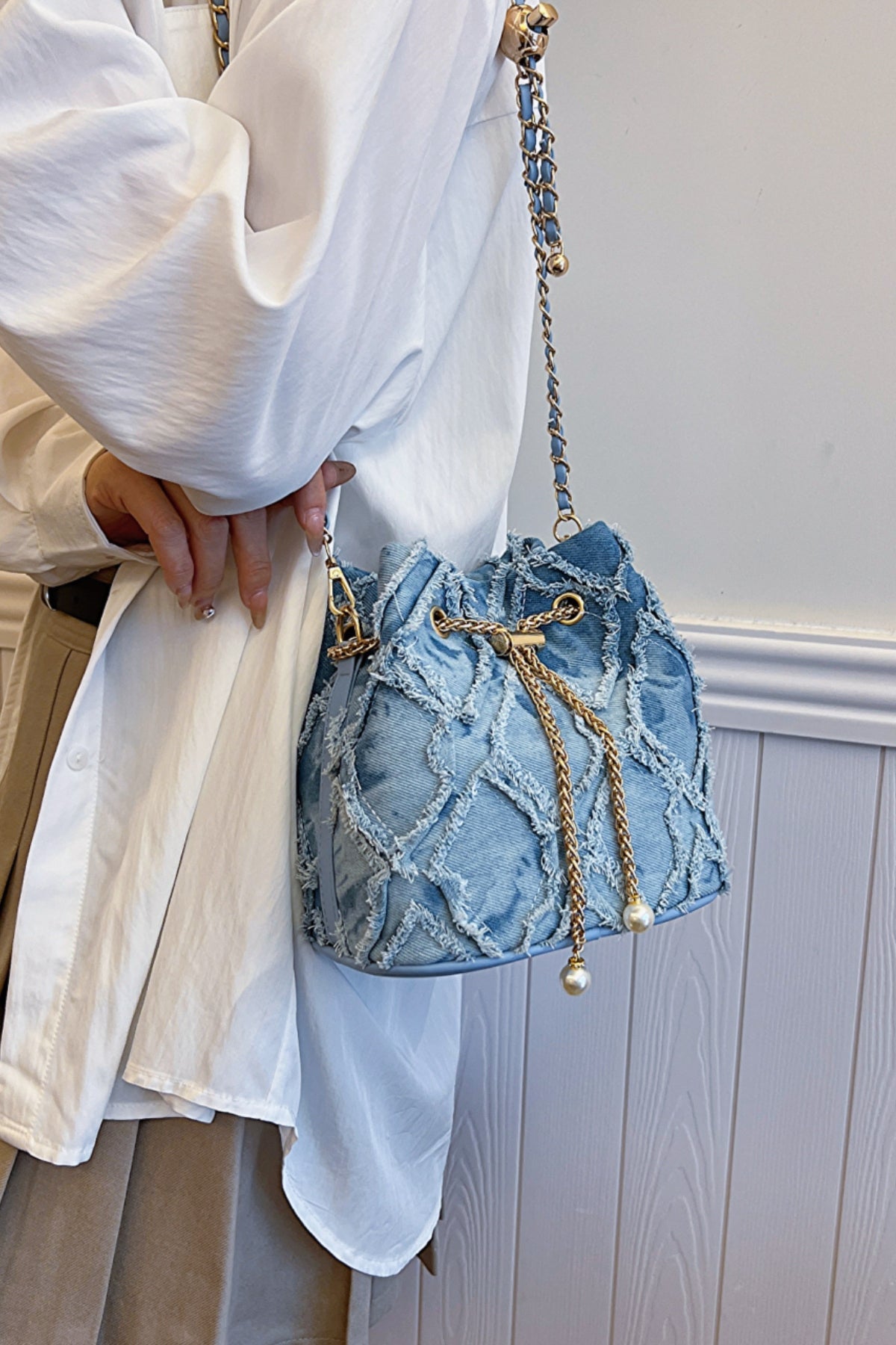 Trendsi Bags Blue / One Size Casual Denim Bucket Bag with Raw Edge Finish  Trendy Women’s Shoulder Bag