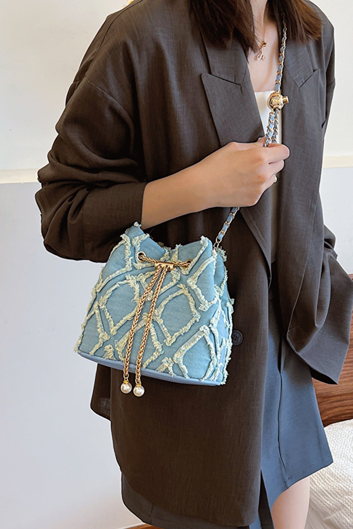 Trendsi Bags Light Blue / One Size Casual Denim Bucket Bag with Raw Edge Finish  Trendy Women’s Shoulder Bag