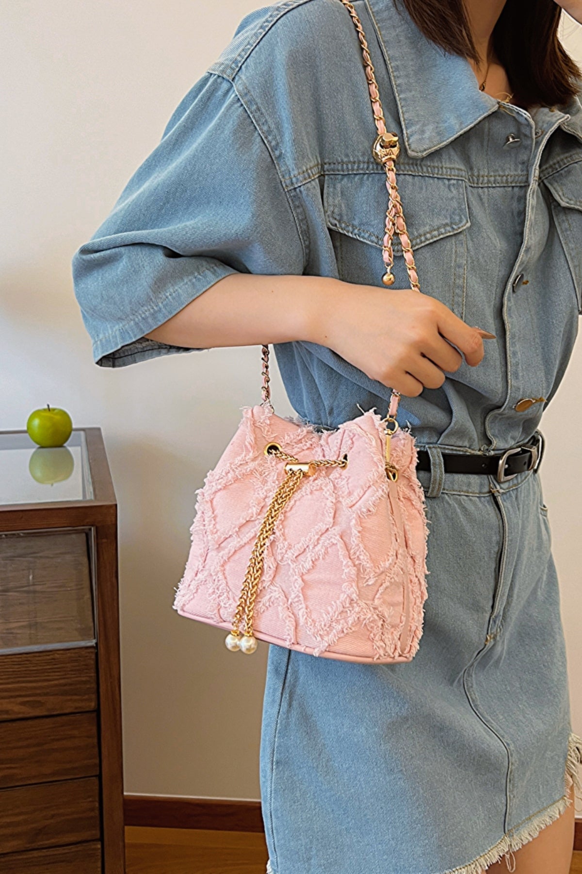 Trendsi Bags Pink / One Size Casual Denim Bucket Bag with Raw Edge Finish  Trendy Women’s Shoulder Bag