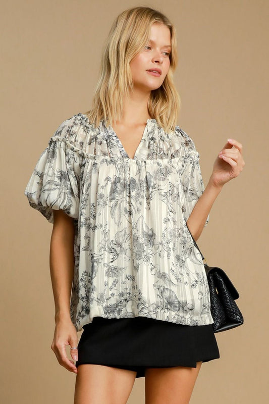 Trendsi Clothing Black / 2XL Floral Print Metallic Ruffle Blouse Plus Size