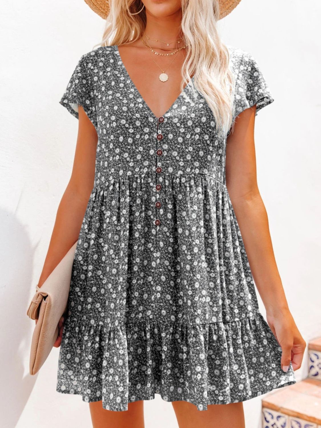 Trendsi Clothing Black / 3XL Full Size Floral V-Neck Flutter Sleeve Mini Dress Plus Size