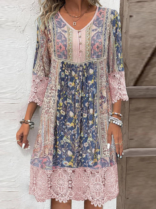 Trendsi Clothing Blush Pink / 3XL Full Size Lace Detail Printed Three-Quarter Sleeve Dress