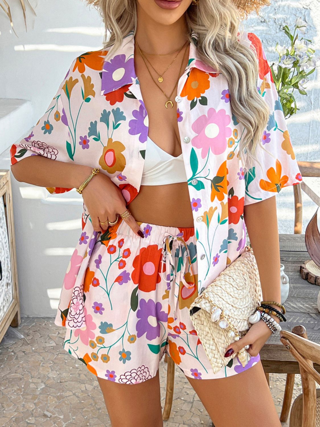 Trendsi Clothing Blush Pink / S Devine Printed Button Down Shirt and Shorts Set