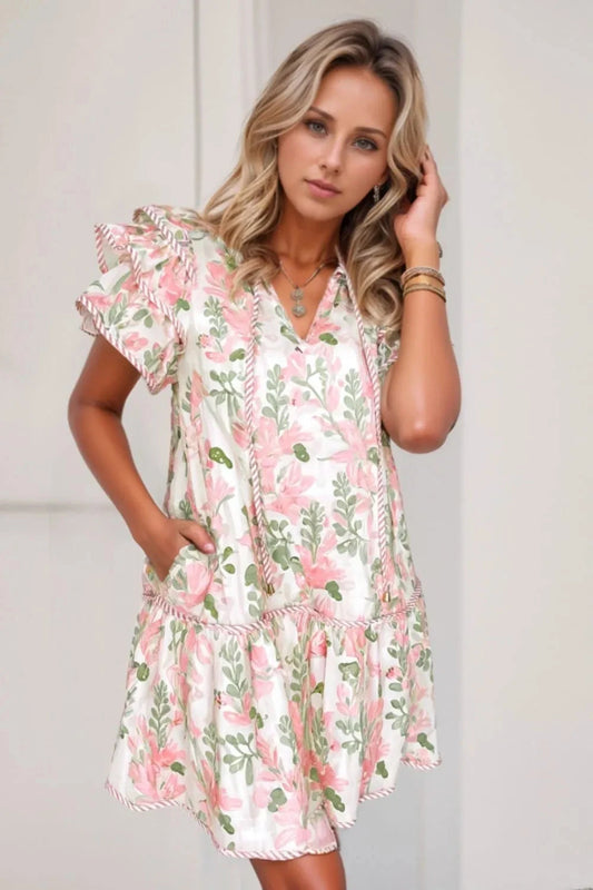 Trendsi Clothing Blush Pink / S Floral Contrast Edge Layered Short Sleeve Mini Dress