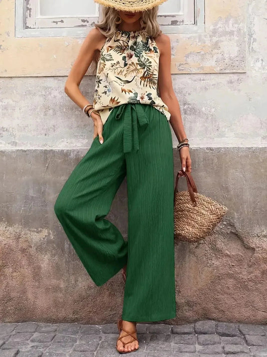 Trendsi Clothing Dark Green / S Printed Tank Top and Wide Leg Pants Set