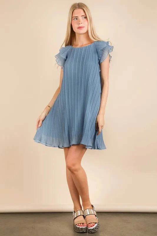 Trendsi Clothing Denim / 1XL Ruffle Sleeve Pleated Woven Mini Dress