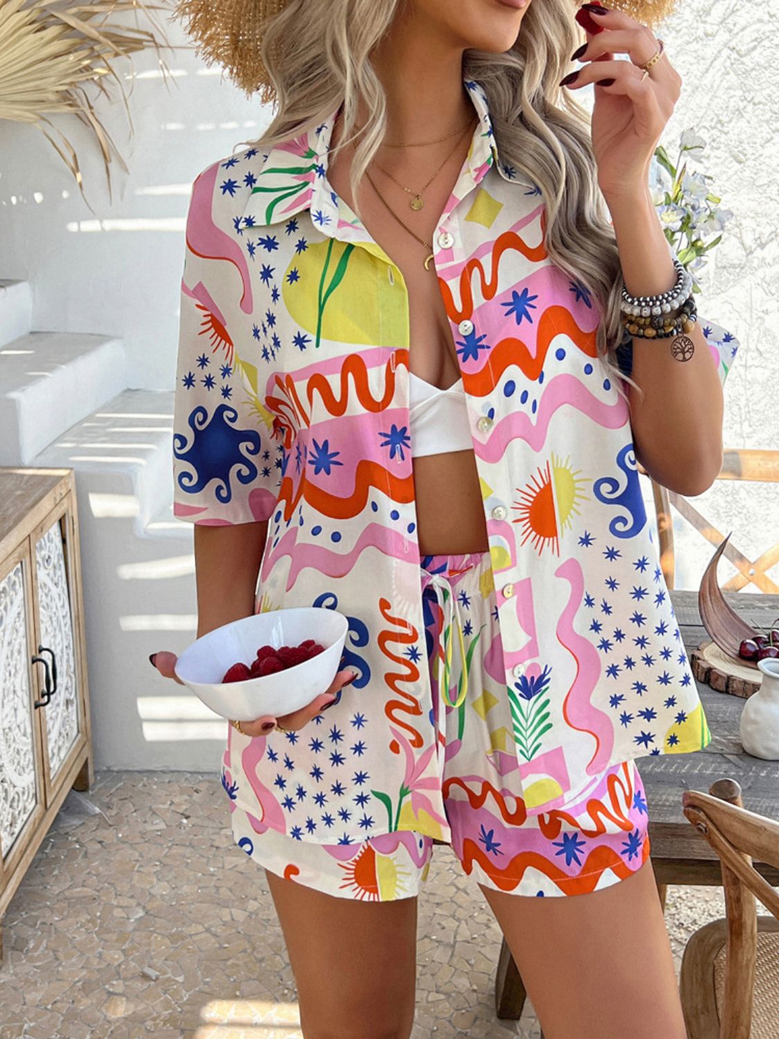Trendsi Clothing Devine Printed Button Down Shirt and Shorts Set