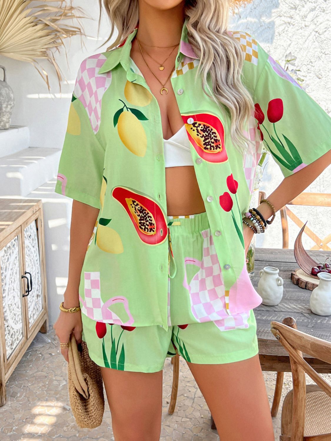 Trendsi Clothing Devine Printed Button Down Shirt and Shorts Set