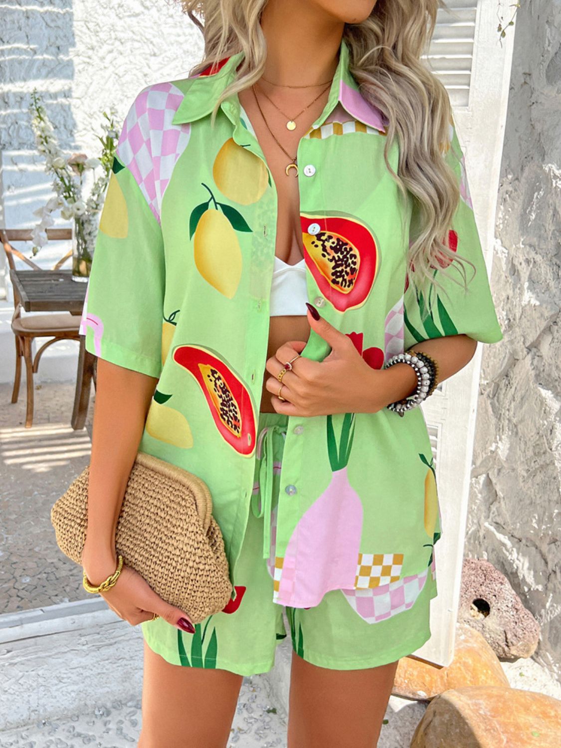 Trendsi Clothing Devine Printed Button Down Shirt and Shorts Set