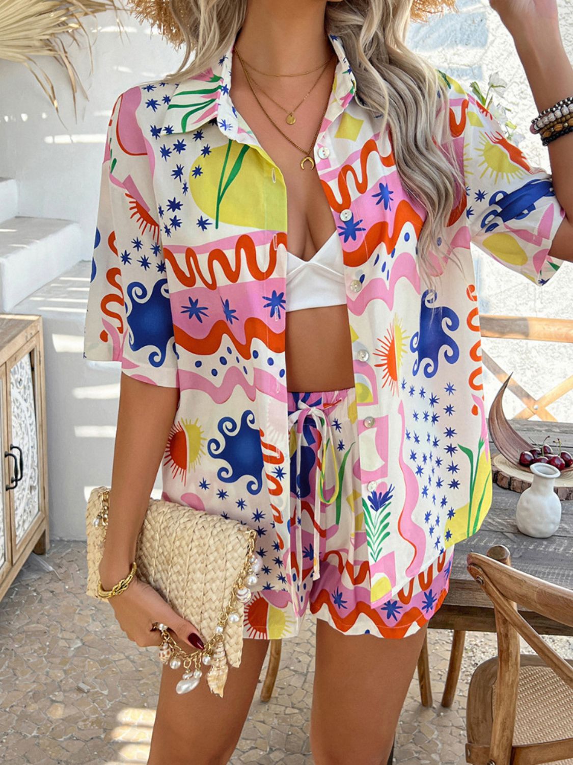 Trendsi Clothing Devine Printed Button Down Shirt and Shorts Set