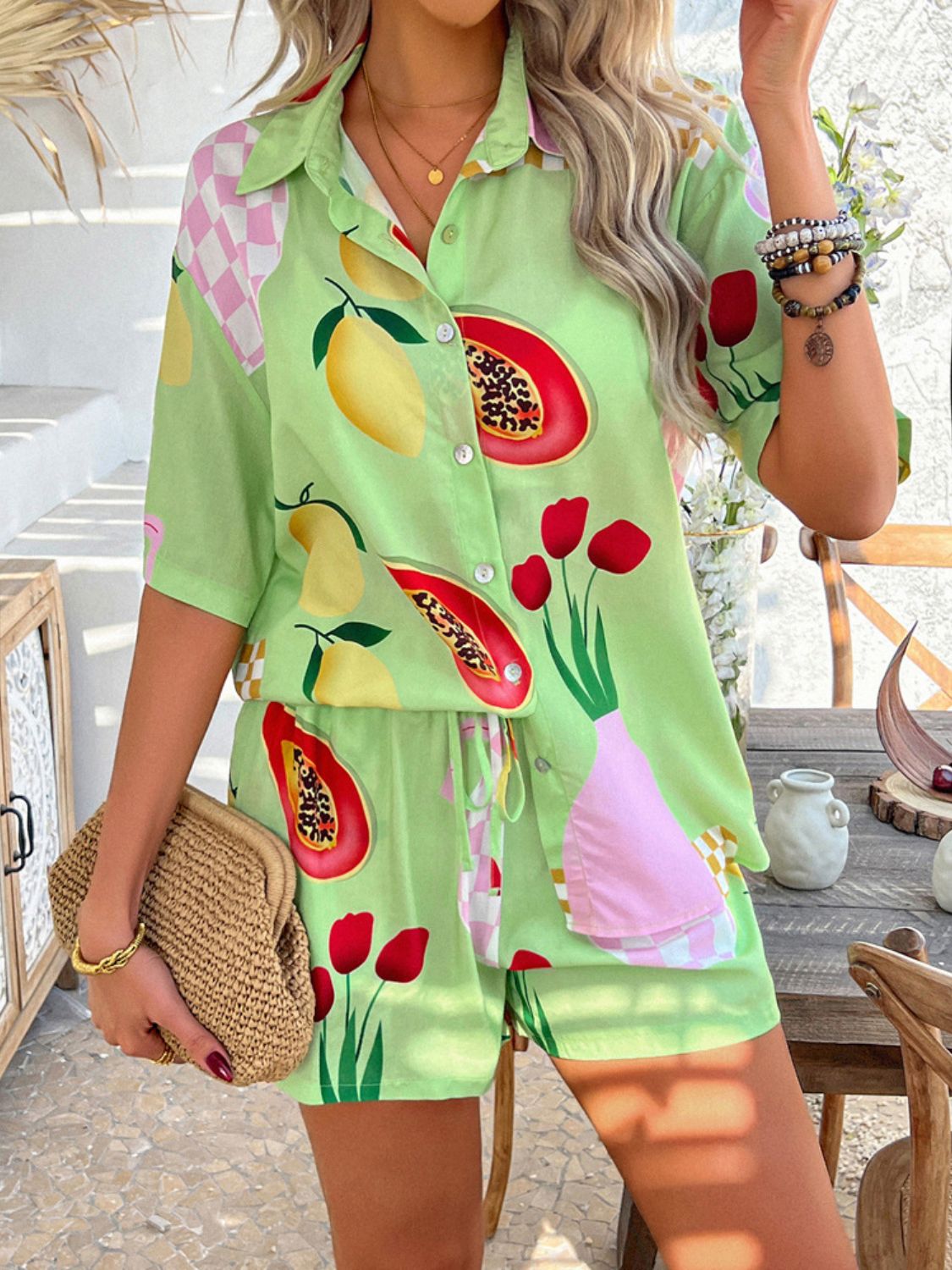 Trendsi Clothing Devine Printed Button Down Shirt and Shorts Set