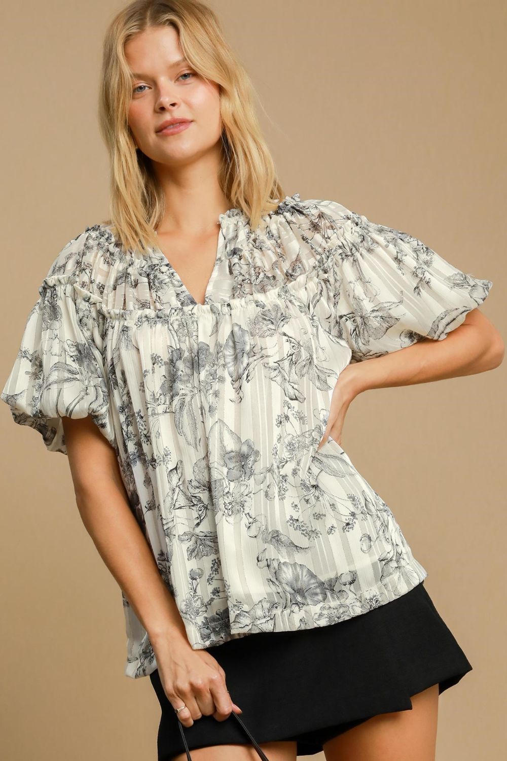 Trendsi Clothing Floral Print Metallic Ruffle Blouse Plus Size