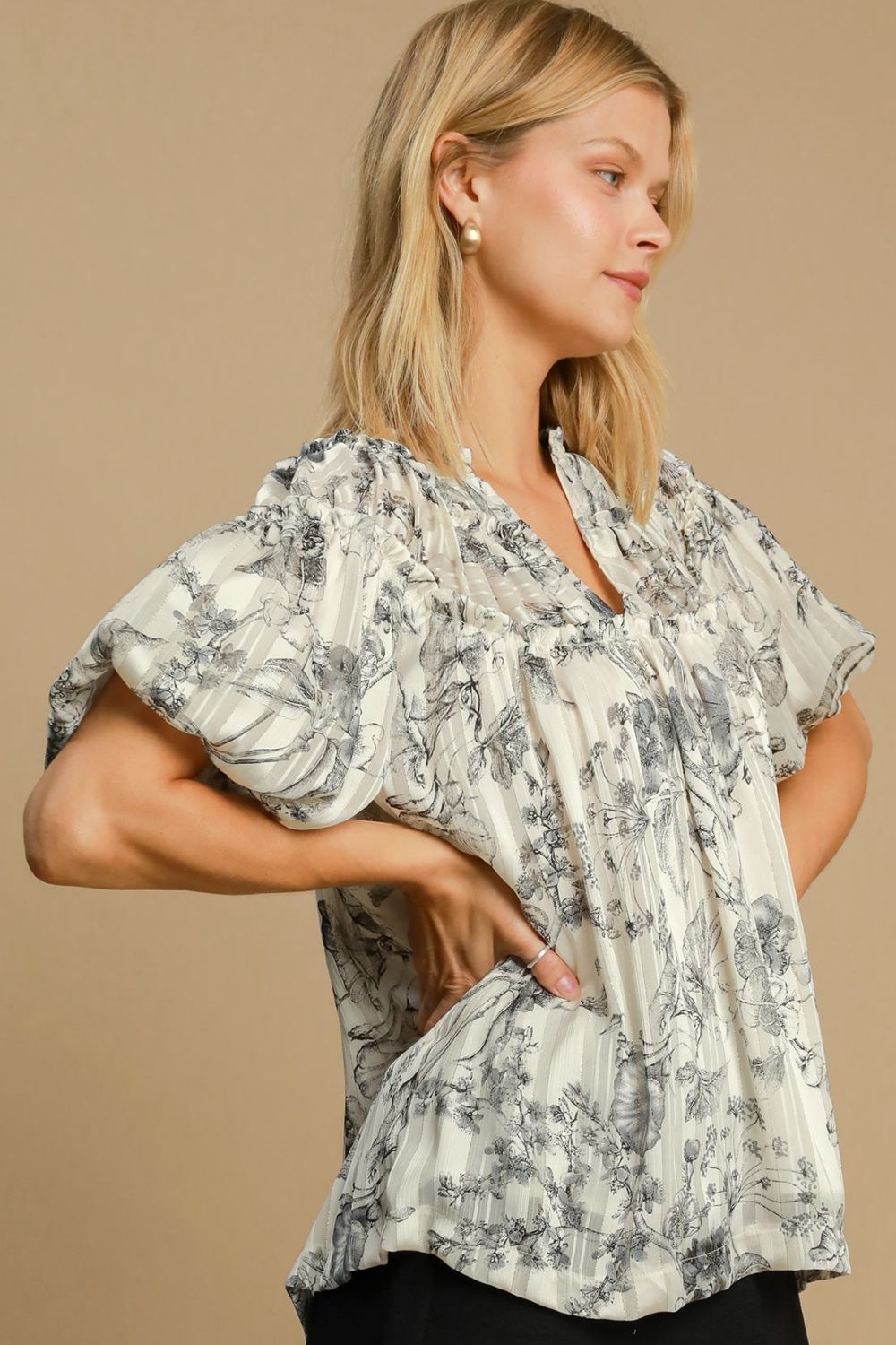 Trendsi Clothing Floral Print Metallic Ruffle Blouse Plus Size