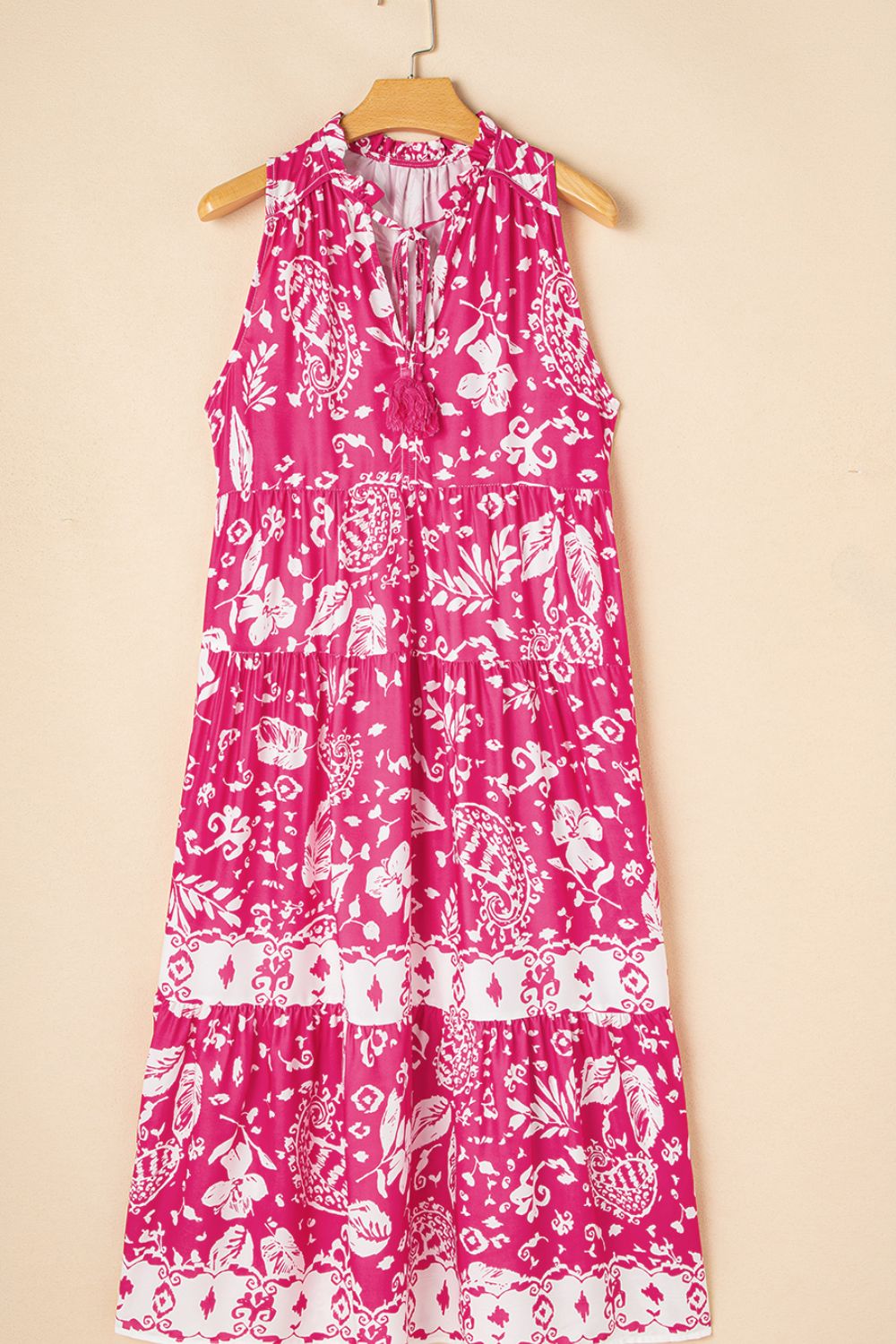 Trendsi Clothing Floral Sleeveless Tasseled Tie Neck Tiered Midi Dress Elegant and Feminine