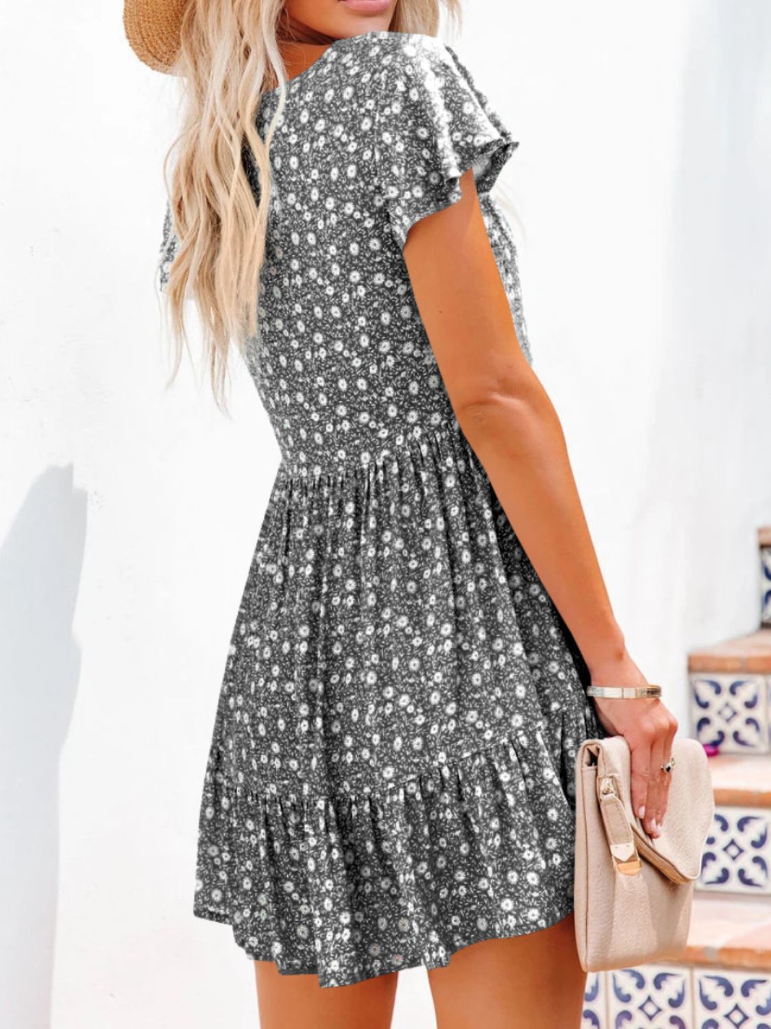 Trendsi Clothing Full Size Floral V-Neck Flutter Sleeve Mini Dress Plus Size