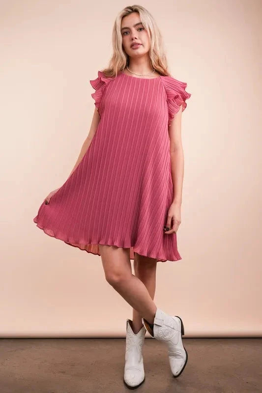 Trendsi Clothing Mauve / 1XL VERY J Plus Size Ruffle Sleeve Pleated Woven Mini Dress