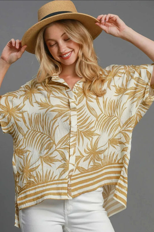 Trendsi Clothing Mustard / S Tropical Print Button Down Shirt Plus Size