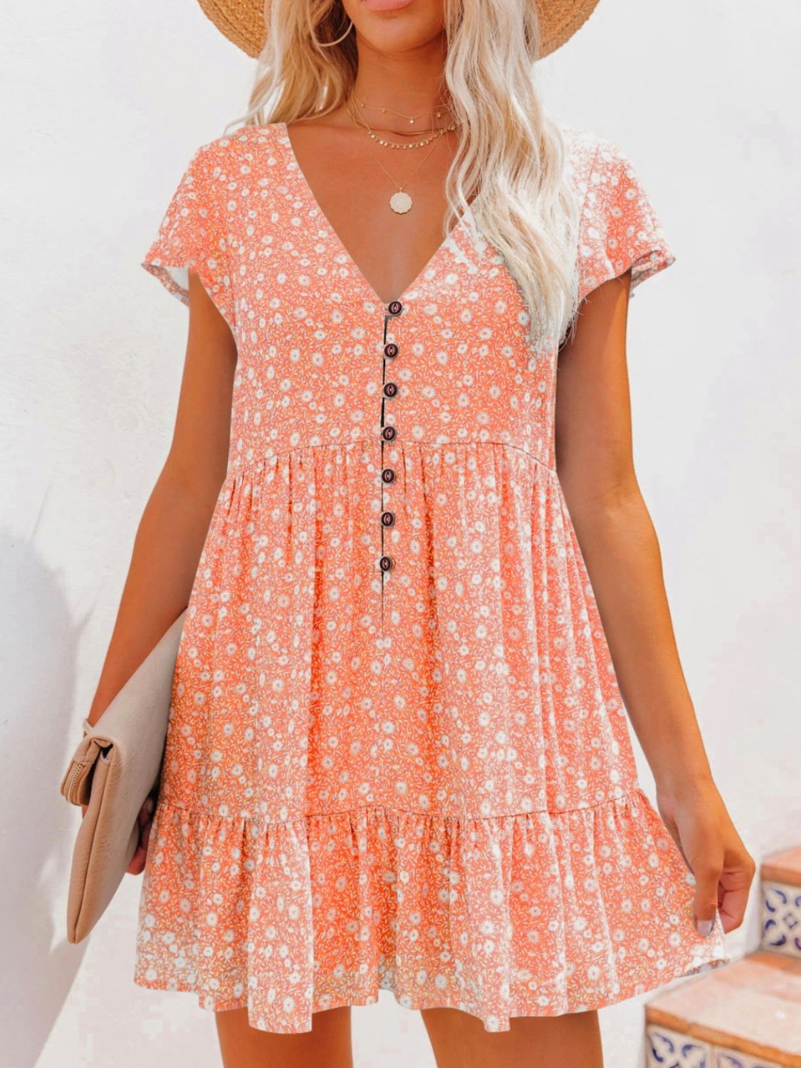 Trendsi Clothing Orange / S Full Size Floral V-Neck Flutter Sleeve Mini Dress Plus Size