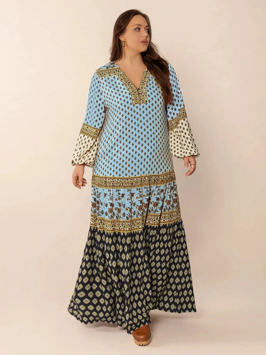 Trendsi Clothing Sky Blue / 0XL Plus Size Printed V-Neck Balloon Sleeve Maxi Dress
