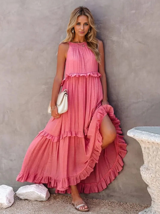 Trendsi Clothing Watermelon pink / L Ruffled Sleeveless Tiered Maxi Dress with Pockets