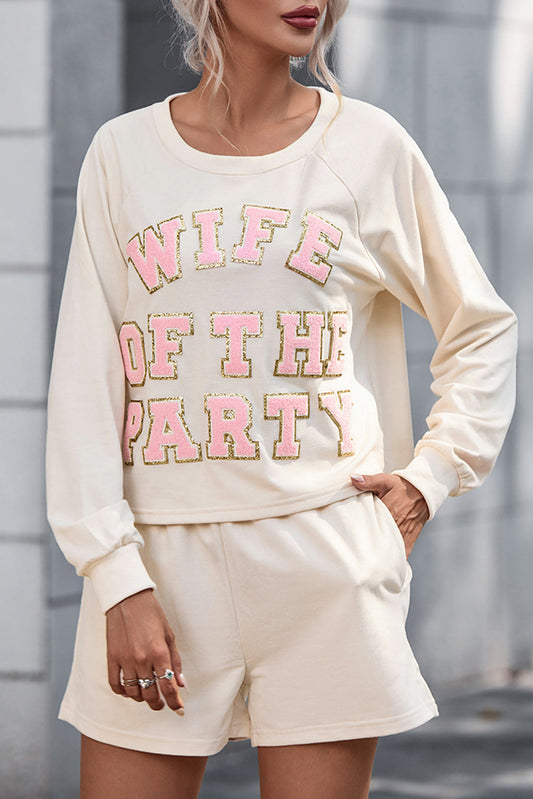 Trendsi Clothing White / L WIFE OF THE PARTY Round Neck Top and Shorts Set