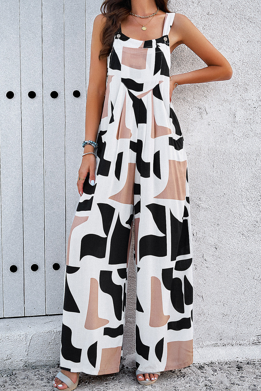 Trendsi Clothing White / M Devine Printed Wide Strap Jumpsuit with Pockets Comfortable and Stylish Women’s Casual Outfit