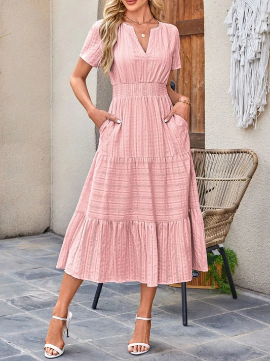 Trendsi Dress Blush Pink / S Tiered Notched Short Sleeve Dress