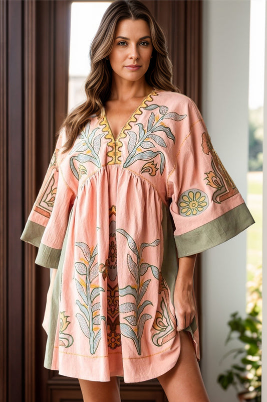 Trendsi Dress Pale Blush / S Chic Printed Mini Dress – V-Neck with V-Neckline