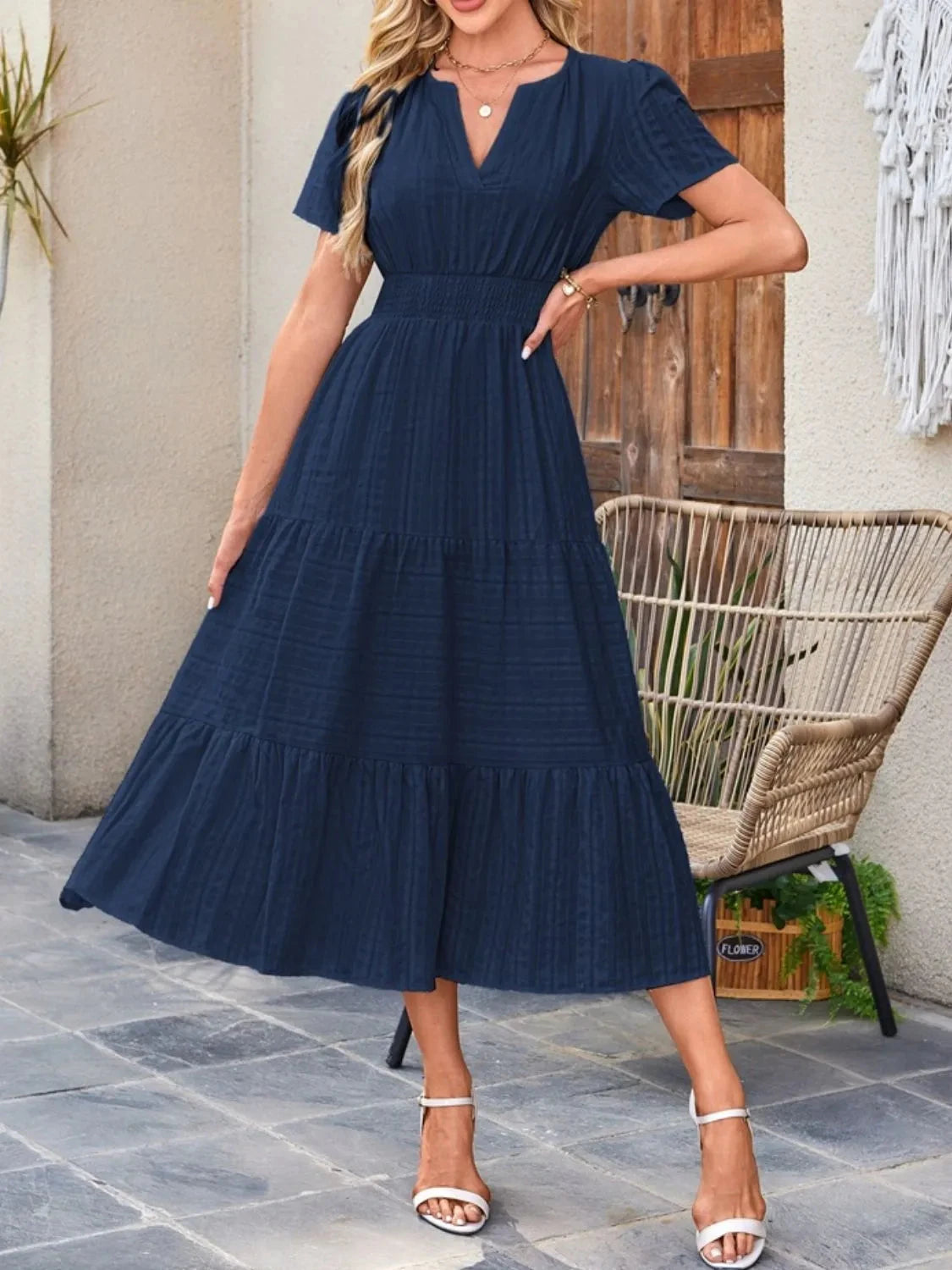 Trendsi Dress Tiered Notched Short Sleeve Dress