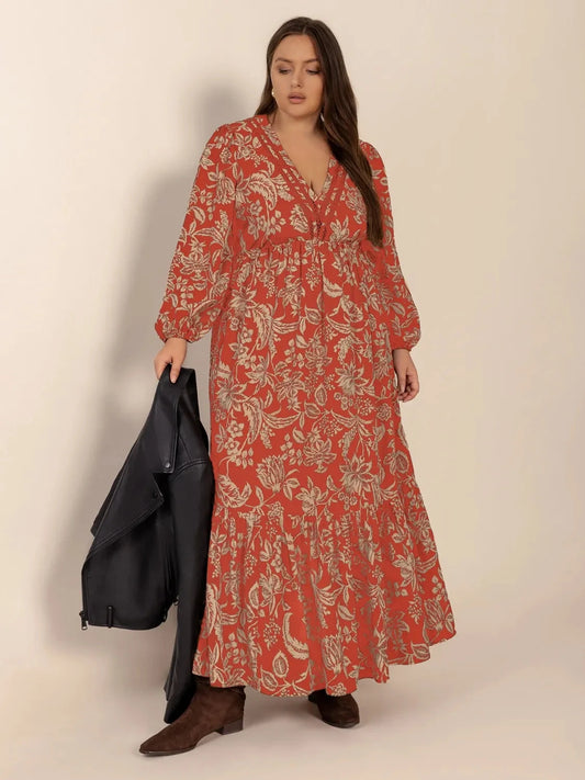 Trendsi Orange-Red / 0XL Plus Size Lace Detail Printed Balloon Sleeve Midi Dress