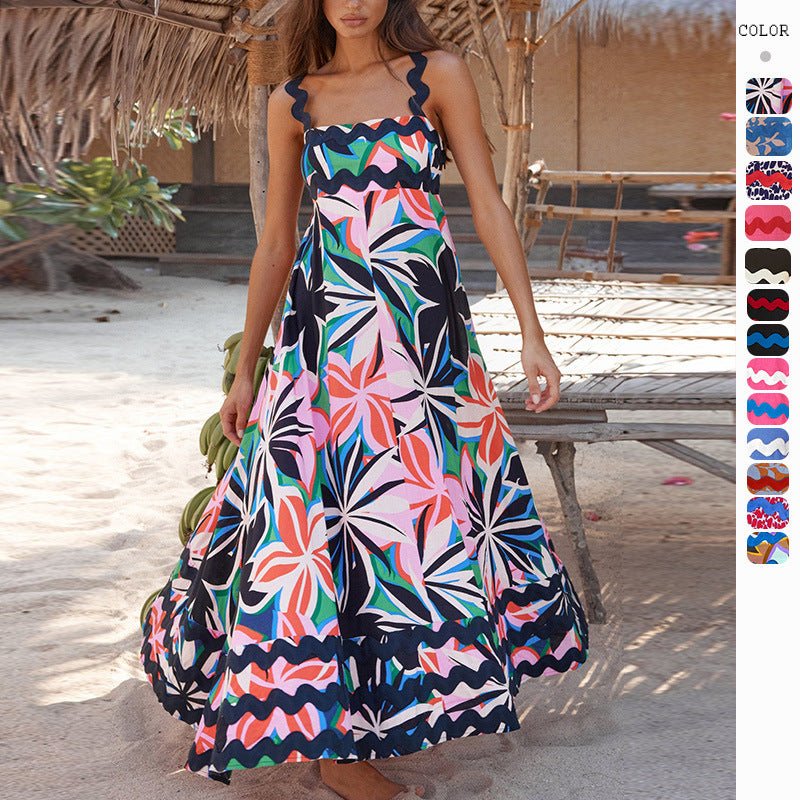 Women’s Floral Print Wavy Pattern Suspender Long Dress LE Fragrance