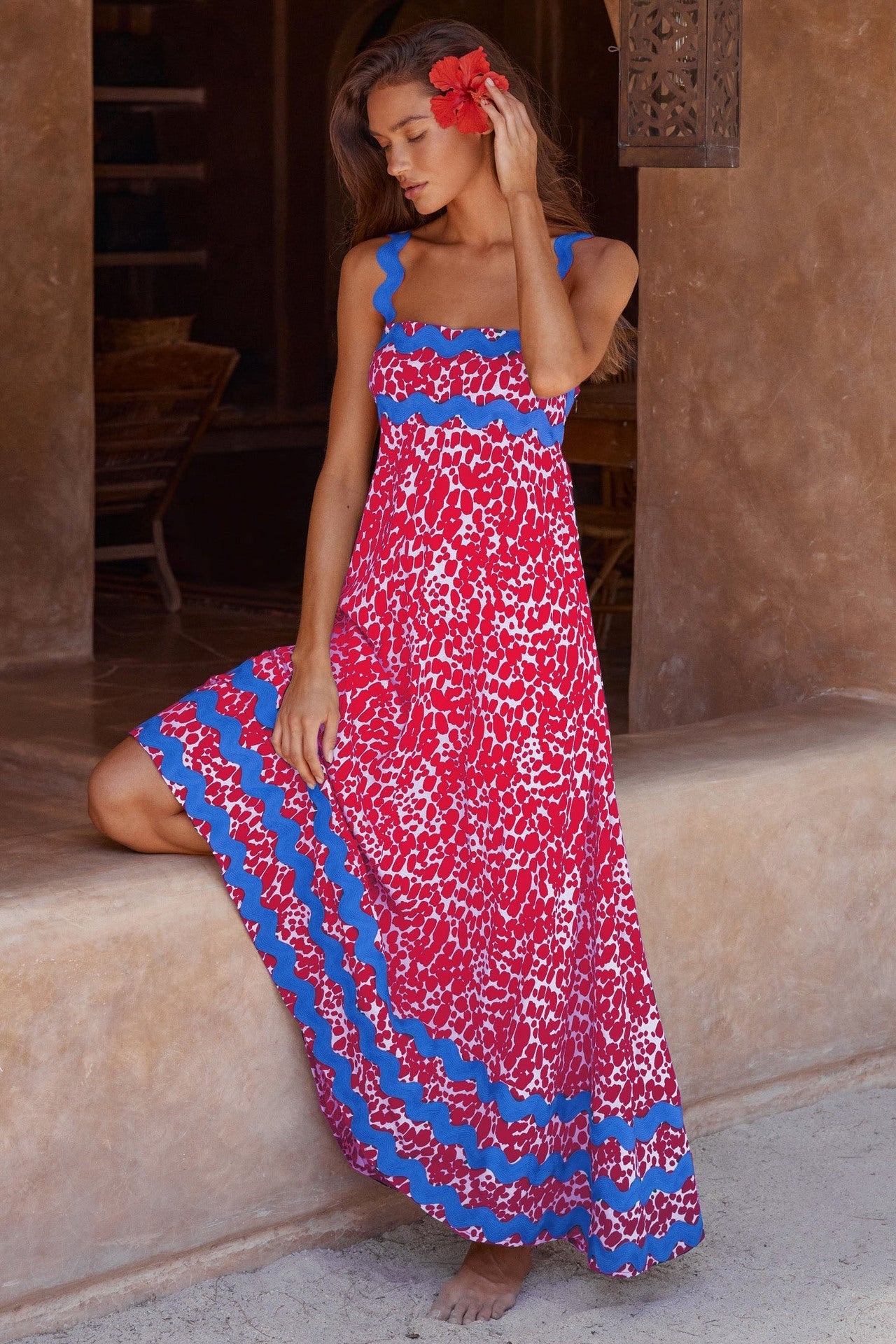 Women’s Floral Print Wavy Pattern Suspender Long Dress LE Fragrance