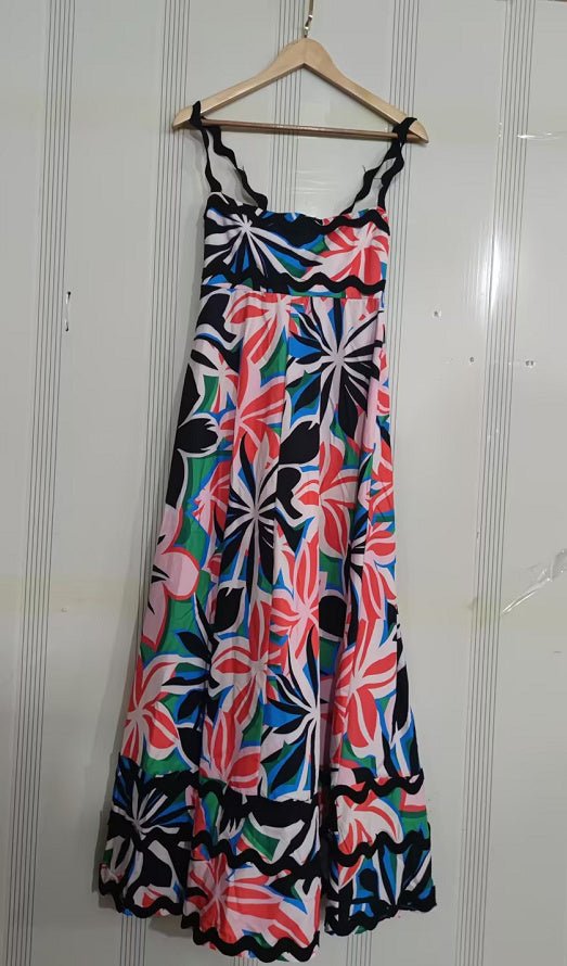Women’s Floral Print Wavy Pattern Suspender Long Dress LE Fragrance