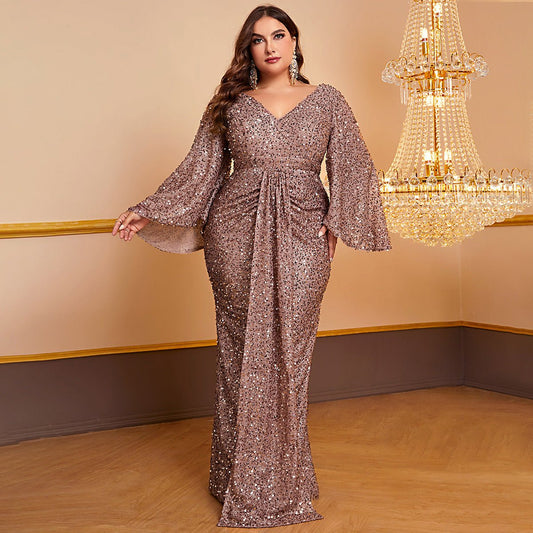 Women’s Sequin Long Sleeve V-Neck Pleated Dress , Elegant Evening Wear for Special Occasions LE Fragrance