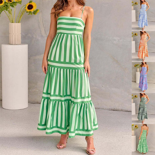 Women's Striped Summer Maxi Dress – Sleeveless Suspender Style with Pockets LE Fragrance