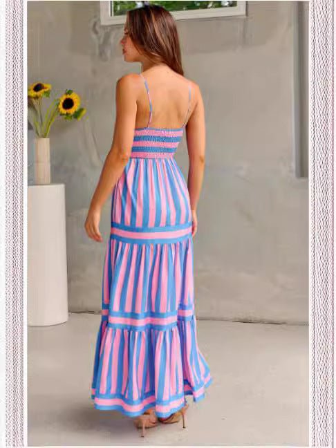 Women's Striped Summer Maxi Dress – Sleeveless Suspender Style with Pockets LE Fragrance
