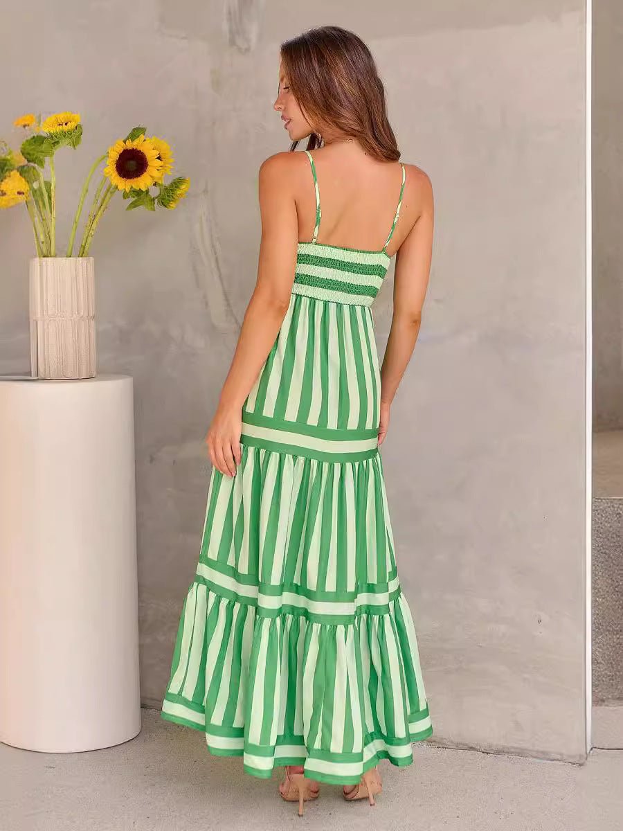 Women's Striped Summer Maxi Dress – Sleeveless Suspender Style with Pockets LE Fragrance
